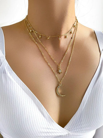 Rhinestone Moon & Star Layered Pendant Necklace