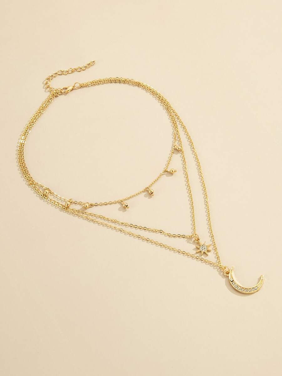 Rhinestone Moon & Star Layered Pendant Necklace