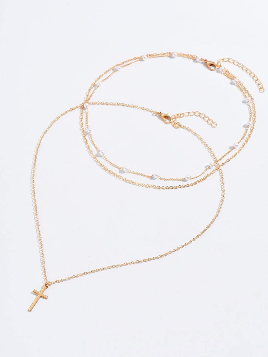 2pcs Women's Faux Pearl & Cross Pendant Necklace (Random Pearl Quantity)