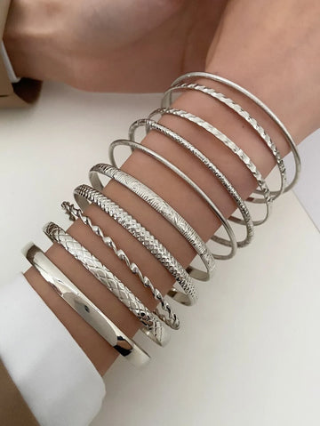 10pcs Boho Western Style Vintage Minimalist Metallic Bracelets Set, Suitable For Daily Wear, Unisex