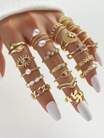 23pcs Fashionable & Elegant Crystal & Faux Pearl Decorated Rings