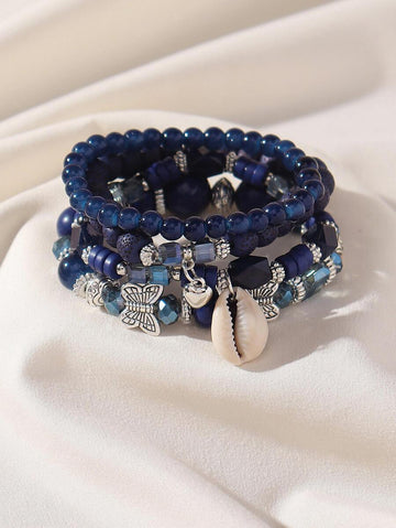 4pcs Bohemian Style Beaded Bracelets Set, Featuring Beads, Butterfly & Shell Pendants, Fashionable Vacation Accessories For Women