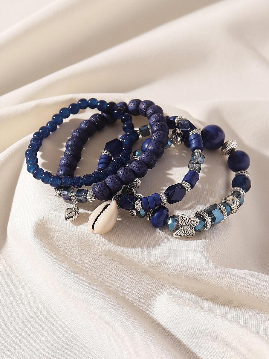 4pcs Bohemian Style Beaded Bracelets Set, Featuring Beads, Butterfly & Shell Pendants, Fashionable Vacation Accessories For Women