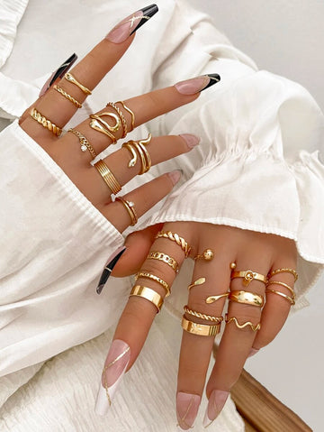 24pcs Stunning Rhinestone Studded Fashion Ring Set With Bohemian Minimalist Snake And Geometric Design