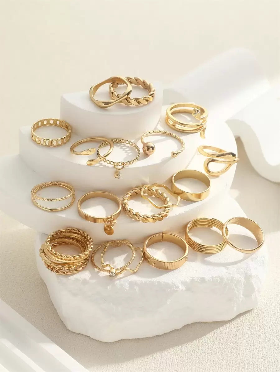 24pcs Stunning Rhinestone Studded Fashion Ring Set With Bohemian Minimalist Snake And Geometric Design