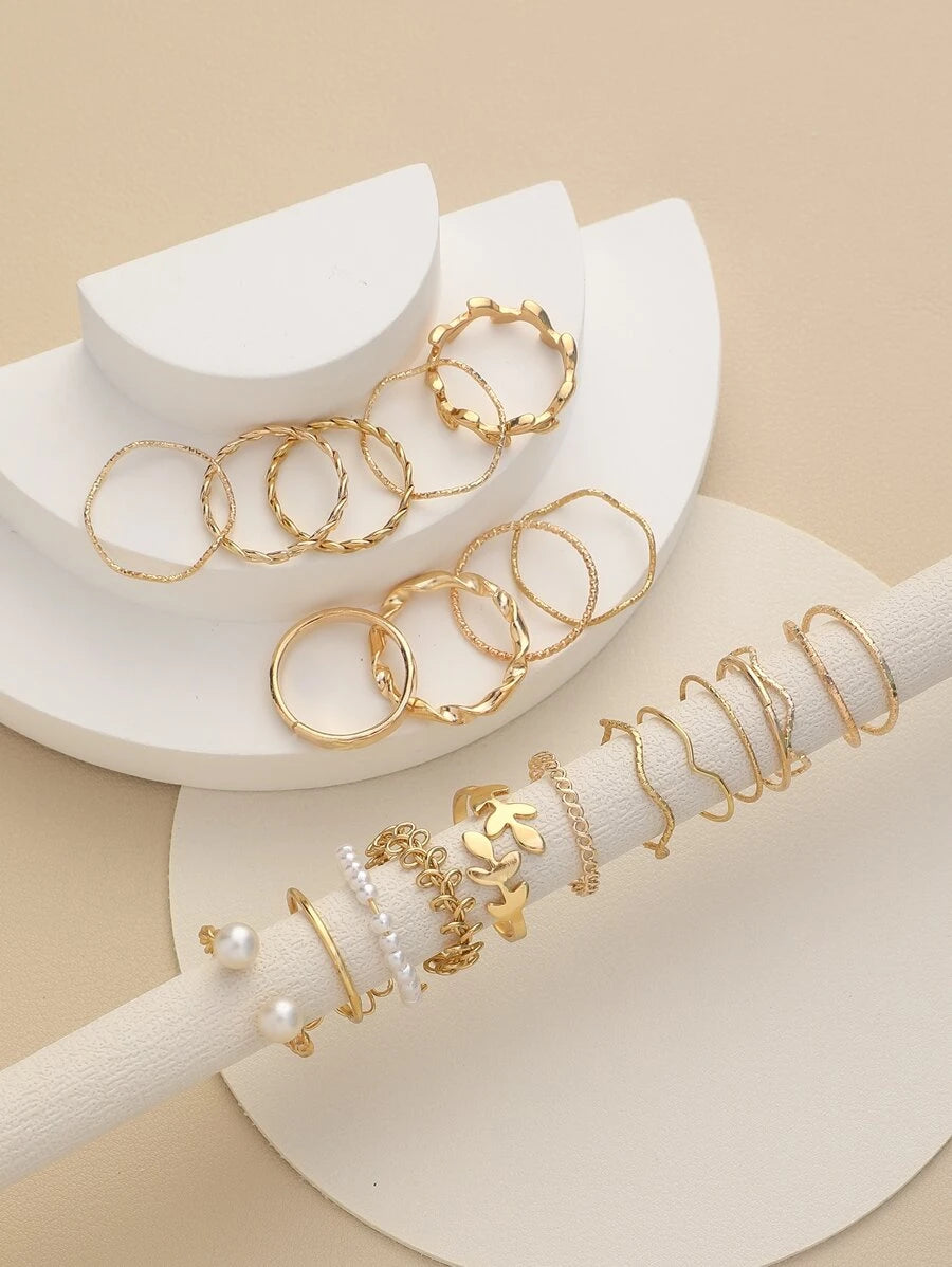 20pcs/Set Fashion Zinc Alloy Leaf Flower Faux Pearl Decor Ring For Women For Decoration Gift Valentines,Mom,Mother,Mother's Day,Gift