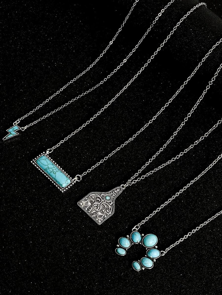 A3320 4pcs/set Vintage Western Cowboy Style Turquoise Pendant Necklace Set