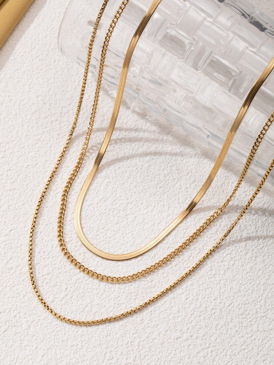 3pcs 14K Gold Plated Waterproof Non-Fading Stainless Steel Jewelry Set: Fashionable Herringbone Necklace, 14K Gold Plated Snake Chain Necklace, Minimalist Layered Gold Necklace, Ideal Gift For Women, Suitable For Halloween, Christmas