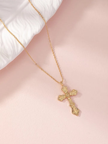1pc Vintage Cross Pendant Necklace, European Style