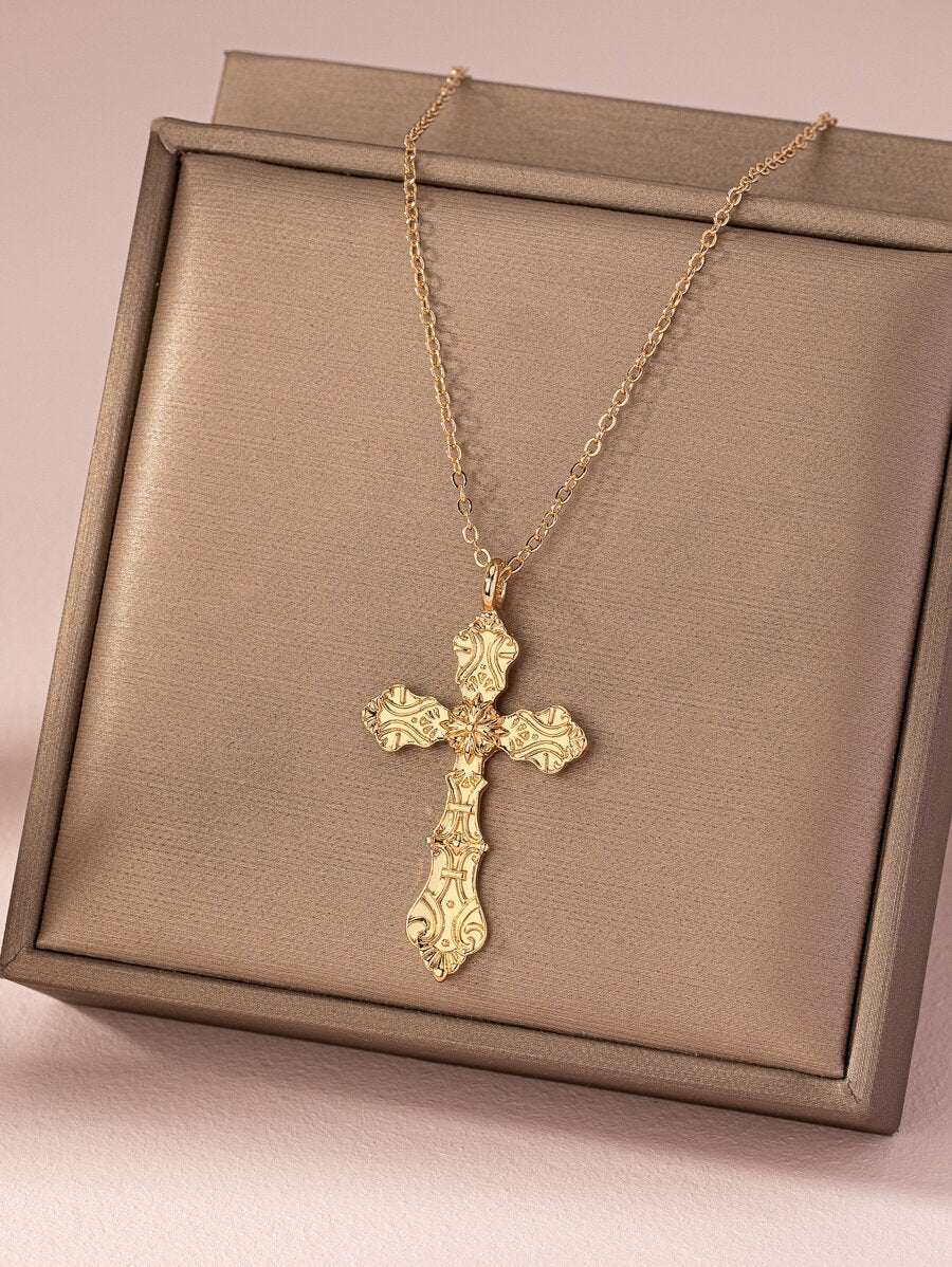 1pc Vintage Cross Pendant Necklace, European Style