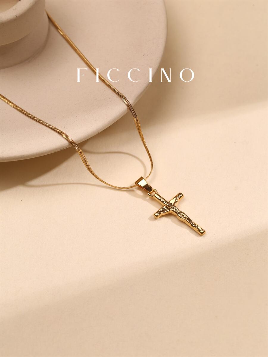 Ficcino Men's Necklace 18k Gold-plated Jesus Cross Pendant With Titanium Steel Flat Snake Chain, Vintage Style Daily Wear With Box