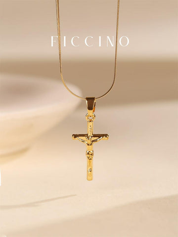 Ficcino Men's Necklace 18k Gold-plated Jesus Cross Pendant With Titanium Steel Flat Snake Chain, Vintage Style Daily Wear With Box
