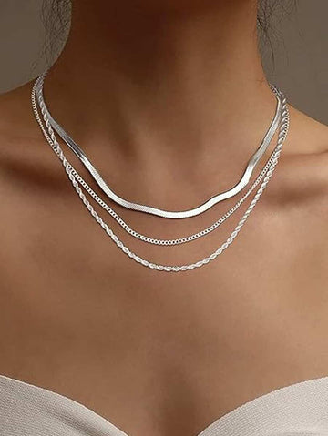 3pcs Stainless Steel Fashion Women's Herringbone Necklace, Delicate Platinum Necklace, Snake Chain Necklace, Minimalist Platinum Color Layered Necklace, Gold Bead Jewelry Gift, Suitable For Halloween, Christmas, Women Jewelry, Stackable Gold Neckl...