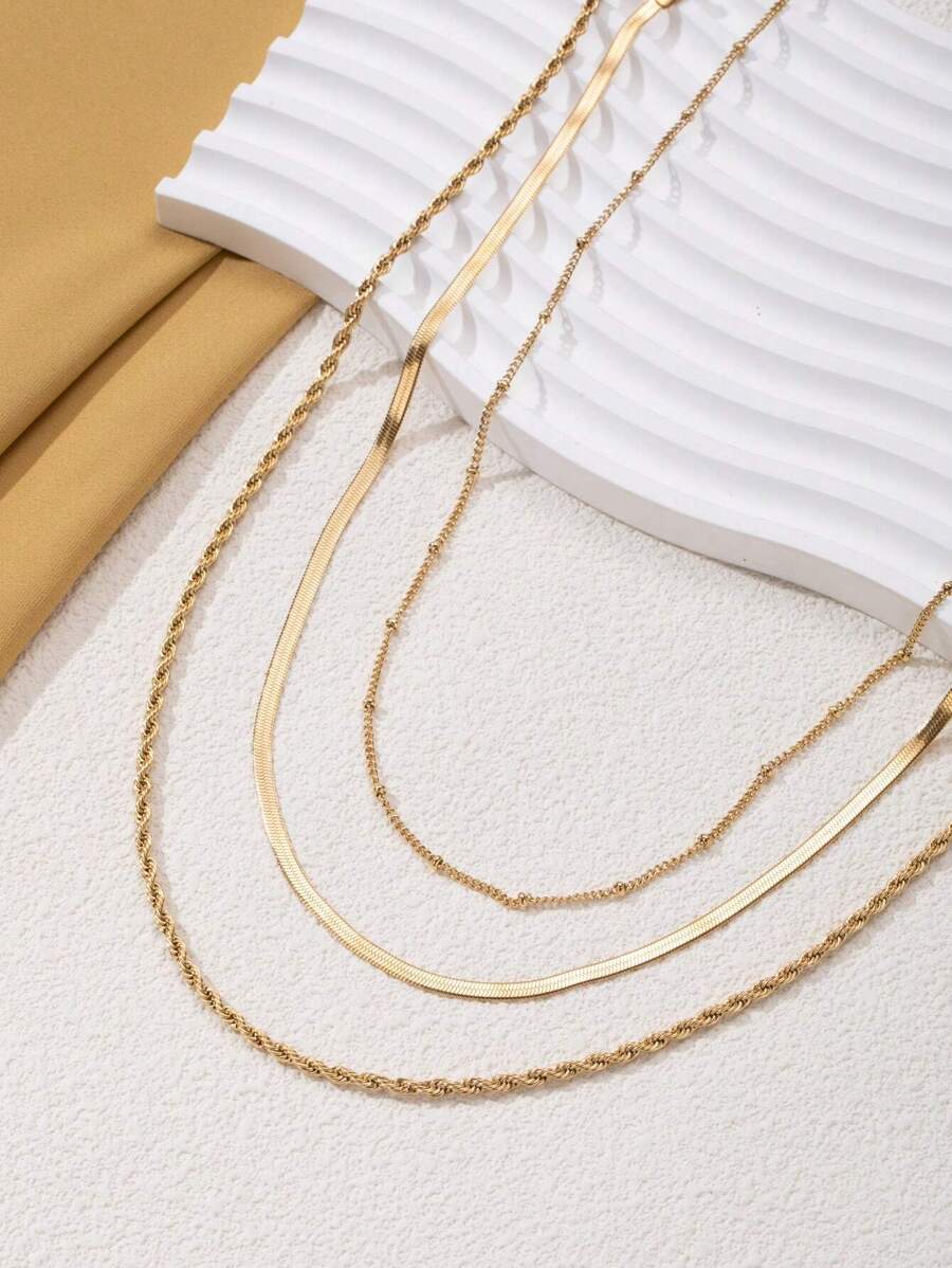 3pcs 14K Gold Plated Waterproof Non-Fading Stainless Steel Jewelry Set: Fashionable Herringbone Necklace, 14K Gold Plated Snake Chain Necklace, Minimalist Layered Gold Necklace, Ideal Gift For Women, Suitable For Halloween, Christmas