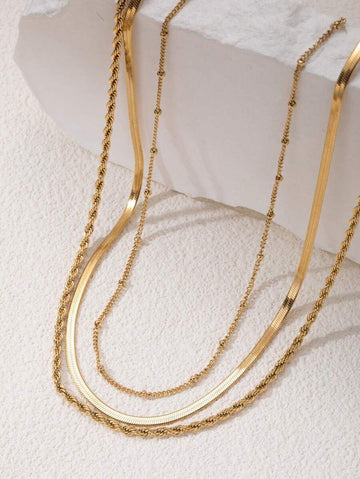 3pcs 14K Gold Plated Waterproof Non-Fading Stainless Steel Jewelry Set: Fashionable Herringbone Necklace, 14K Gold Plated Snake Chain Necklace, Minimalist Layered Gold Necklace, Ideal Gift For Women, Suitable For Halloween, Christmas