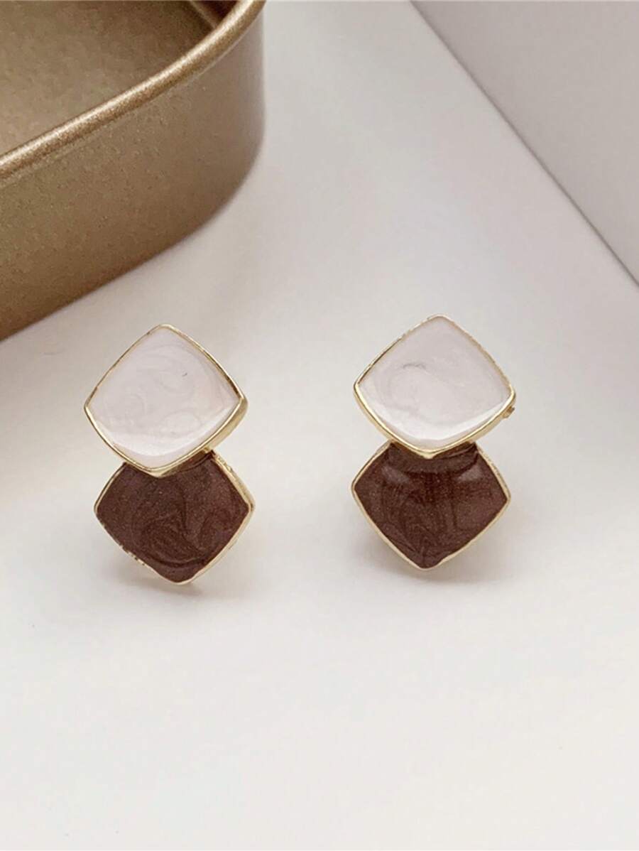 HOTNICE 2pcs Elegant Minimalist Color-Block Design Earrings For Women, Suitable For Daily Wear And Parties