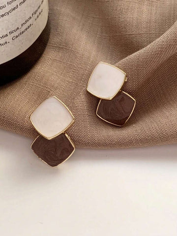 HOTNICE 2pcs Elegant Minimalist Color-Block Design Earrings For Women, Suitable For Daily Wear And Parties