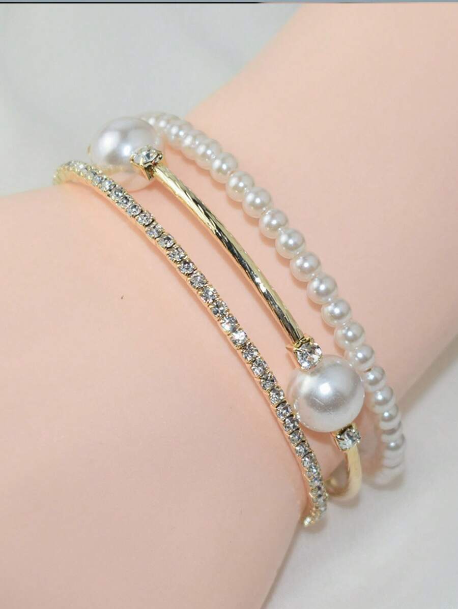 1pc Gold Color Rhinestone & Faux Pearl Decor Bracelet For Wedding, Party, Daily Wear Elegant Back To School Valentine's Day Accessories