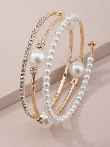 1pc Gold Color Rhinestone & Faux Pearl Decor Bracelet For Wedding, Party, Daily Wear Elegant Back To School Valentine's Day Accessories