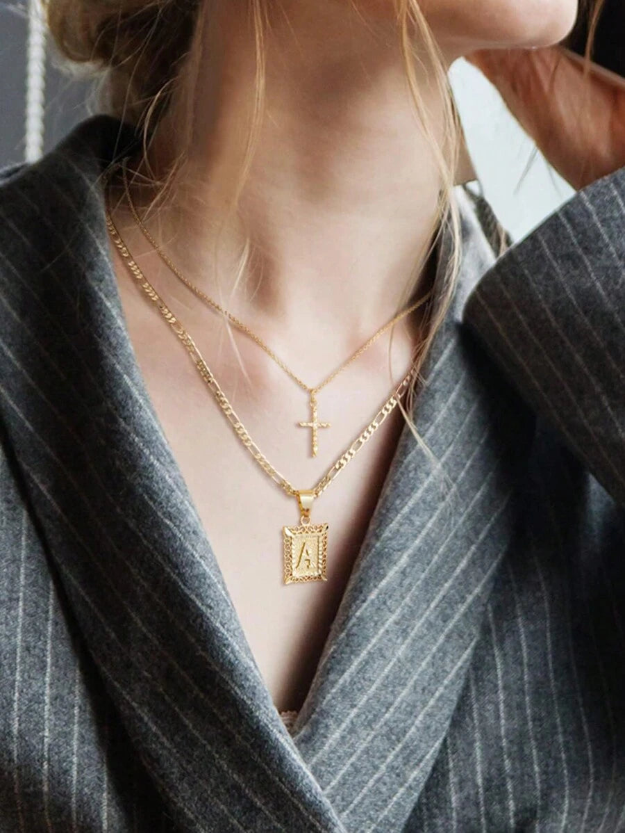 Letter Necklace Layered Initial Cross Necklace, Layering Square Letter Pendant Figaro Chain Cross Choker from A-Z Capital Jewelry for Women Girls