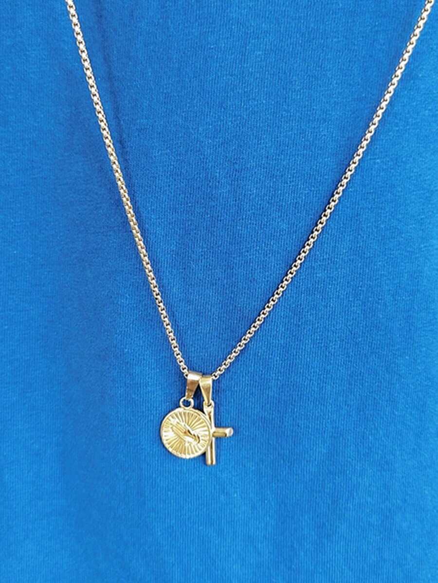 MECYLIFE 1pc Stainless Steel Men's Necklace With Hand Of & Cross Pendant