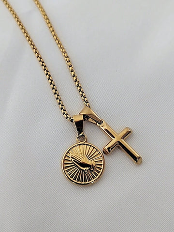 MECYLIFE 1pc Stainless Steel Men's Necklace With Hand Of & Cross Pendant