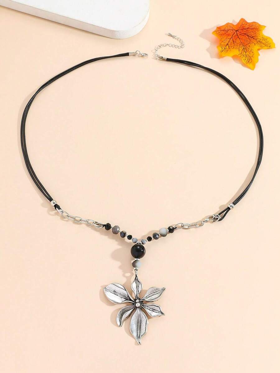 1pc Fashionable Casual Floral Patterned Alloy Beaded Necklace Suitable For Ladies Daily Wear