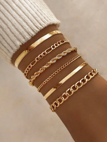 6pcs Punk Style Simple Cold Tone Chain Fashion Bracelet Set Suitable For Women's Daily Wear