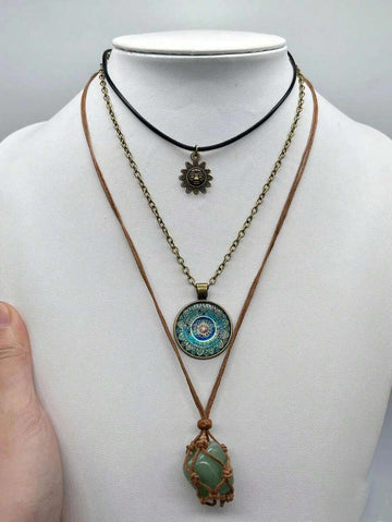 ROMWE Fairycore 3pcs Vintage Stone Pendant Necklace Set