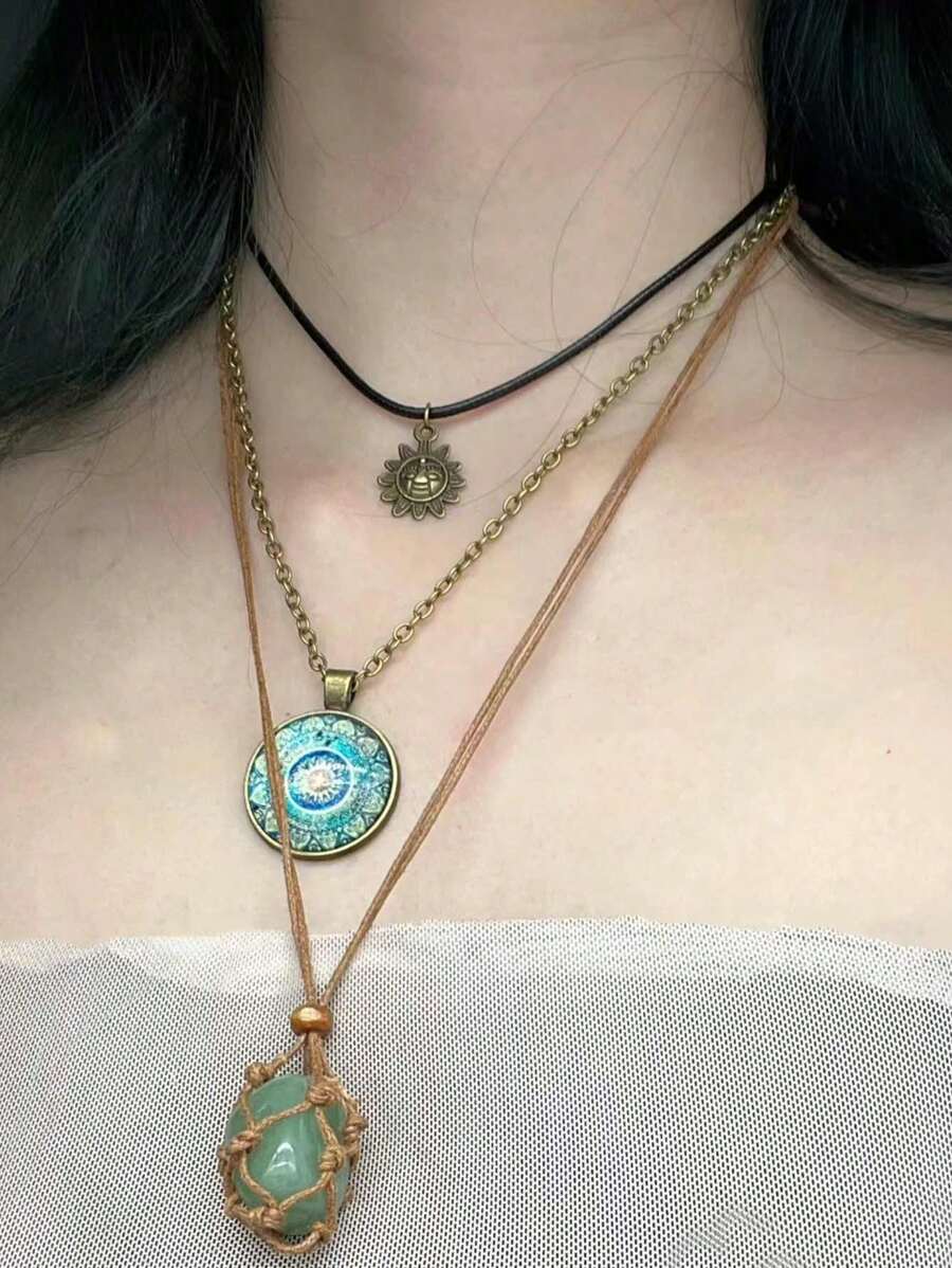 ROMWE Fairycore 3pcs Vintage Stone Pendant Necklace Set