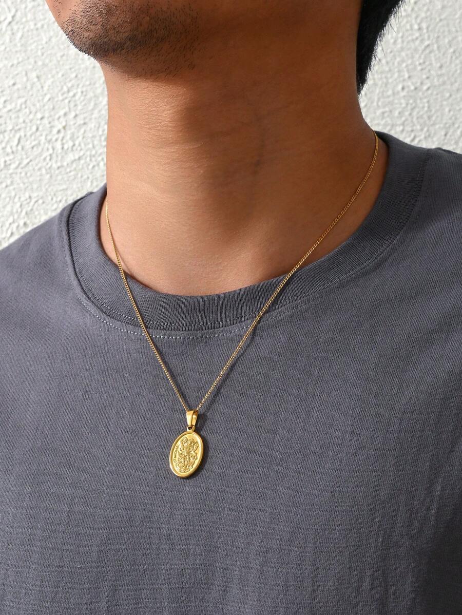 A5675 1pc European-Style Fashionable Stainless Steel Oval Pendant Men's Necklace Daily Accessory