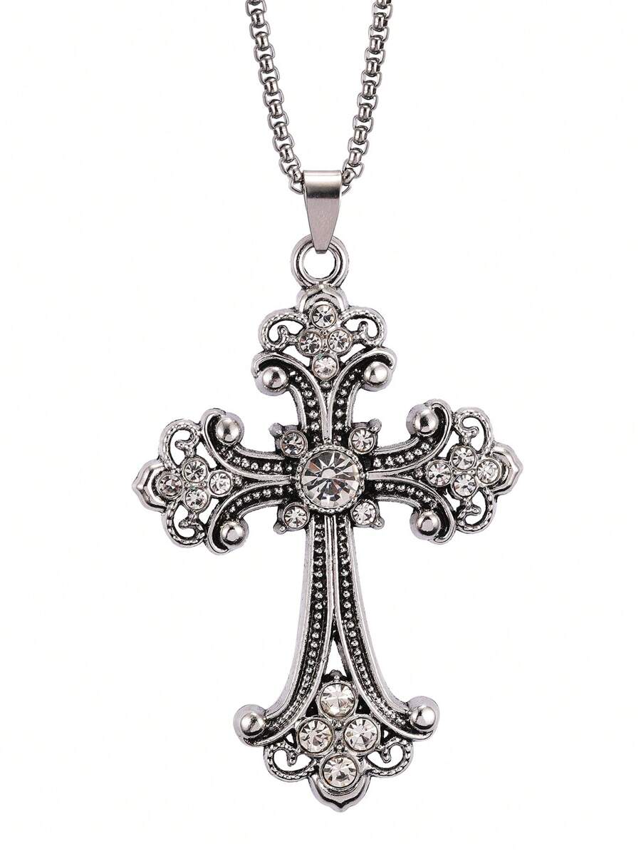 1pc New 2025 Baroque Style Cross Necklace, European & American Hip-Hop Vintage Style Rhinestone Embellished Stainless Steel Cross Pendant Necklace, Unisex Sweater Chain, Versatile Accessory For Daily Wear