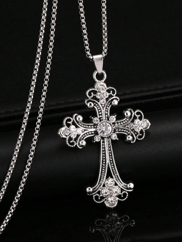 1pc New 2025 Baroque Style Cross Necklace, European & American Hip-Hop Vintage Style Rhinestone Embellished Stainless Steel Cross Pendant Necklace, Unisex Sweater Chain, Versatile Accessory For Daily Wear