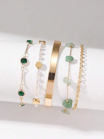 5pcs Elegant, Charming & Sophisticated Bracelet Set, Handmade Design With Glass, Pearl, Stone Accessories, Suitable For Daily Wear (Note: Bracelets Are Cut To Length, Accessories Like Glass, Pearl, Stone Are Randomly Included)