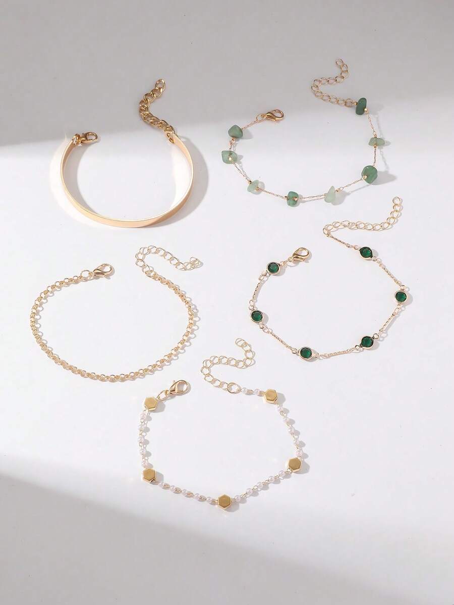 5pcs Elegant, Charming & Sophisticated Bracelet Set, Handmade Design With Glass, Pearl, Stone Accessories, Suitable For Daily Wear (Note: Bracelets Are Cut To Length, Accessories Like Glass, Pearl, Stone Are Randomly Included)