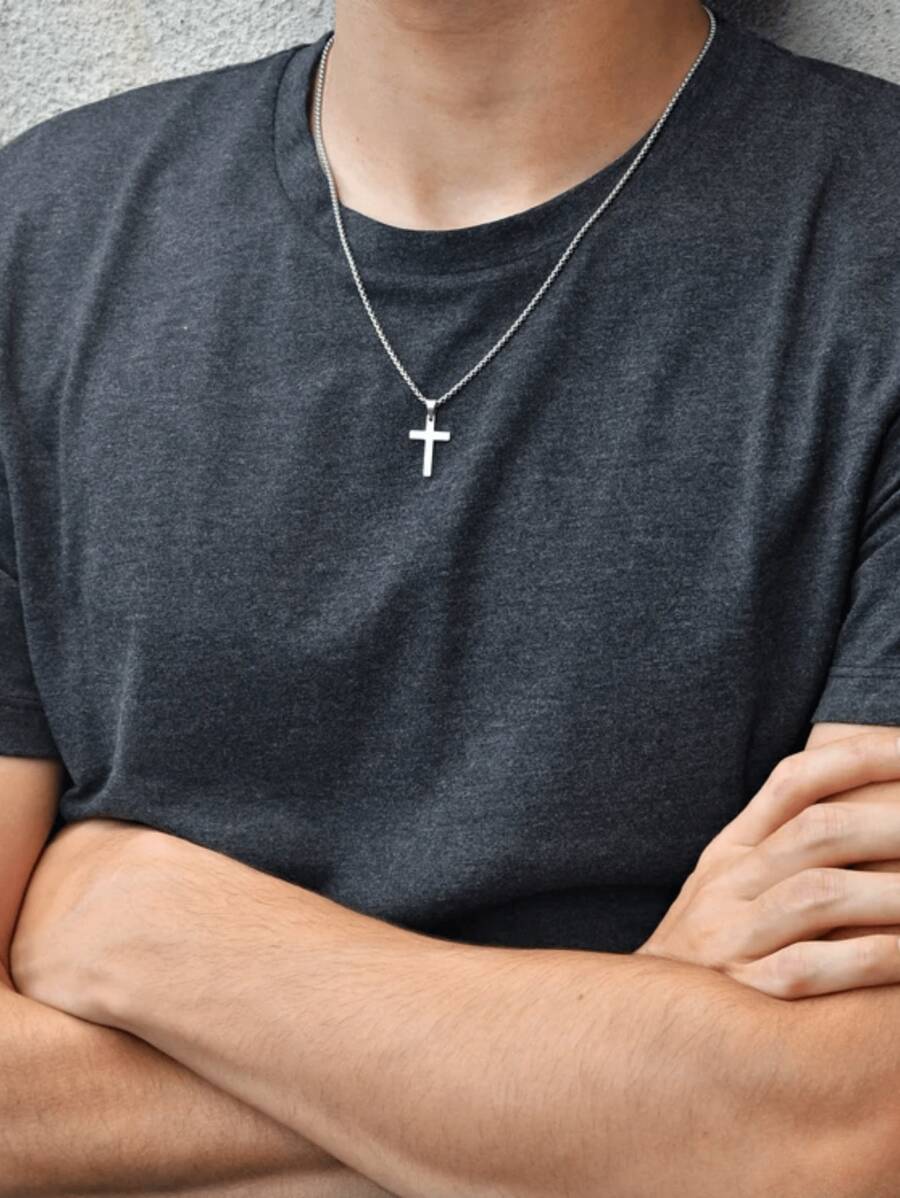 1pc Stylish Stainless Steel Cross Pendant Necklace, Washable And Non-Fading, Non-Tarnishing, Great Gift For Men, Suitable For Daily Wear And Parties