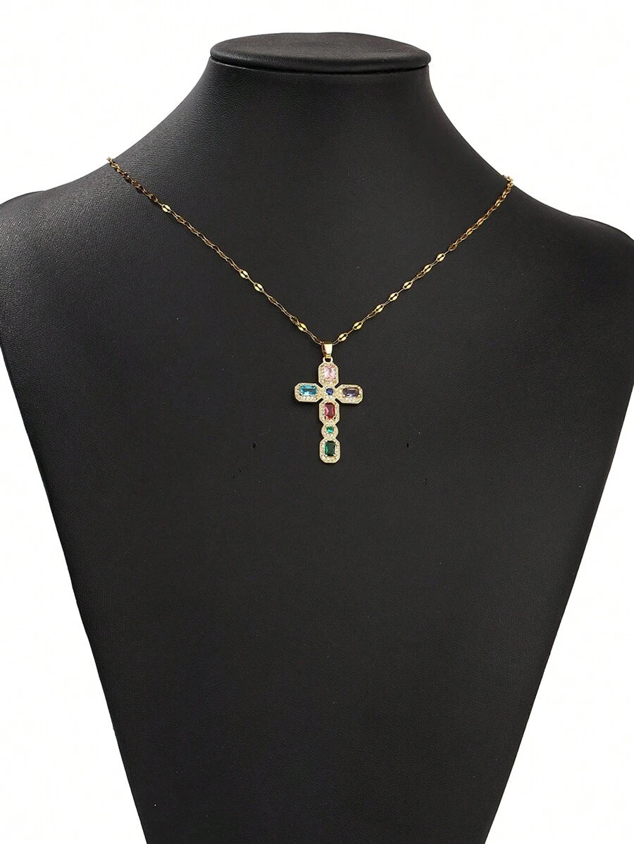 1pc Copper Material Micro-Inlaid Colorful Zirconia Cross Pendant, Luxurious & Generous, Titanium Steel Lip Chain, Religious Jewelry Gift, Essential For Women's Daily Commute