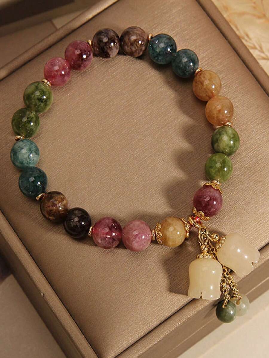 1pc Natural Stone Colorful Beryl Beaded Bracelet For Women, Delicate Lily Of The Valley Pendant Charm Handmade, Gift For Girlfriend Best Friend (Beads Color Random)