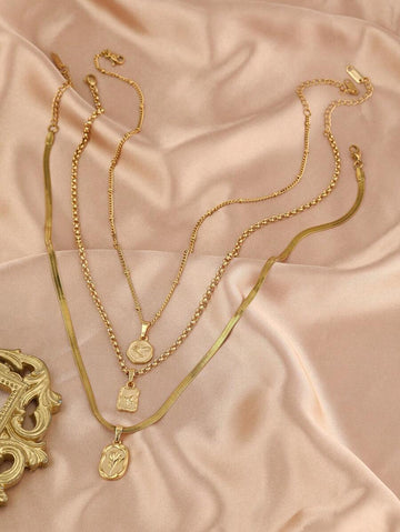 3pcs/Set Fashionable Elegant Stainless Steel Flower Butterfly Rabbit Necklace Set Women's Jewelry Necklace