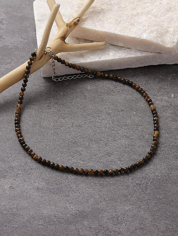 1pc Elegant Fashion Natural Stone Beaded Necklace, Suitable For Women's Daily, Party And Vacation Wear. The Natural Stone Colors, Sizes And Shapes May Vary Slightly.