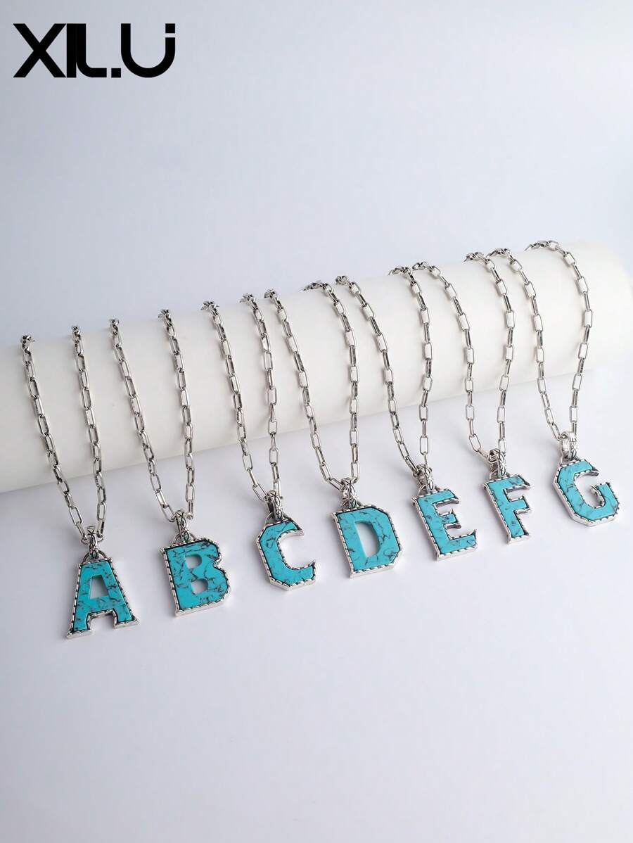 1pc Neutral Western Style Turquoise Letter Detail Necklace, Couple Jewelry Available