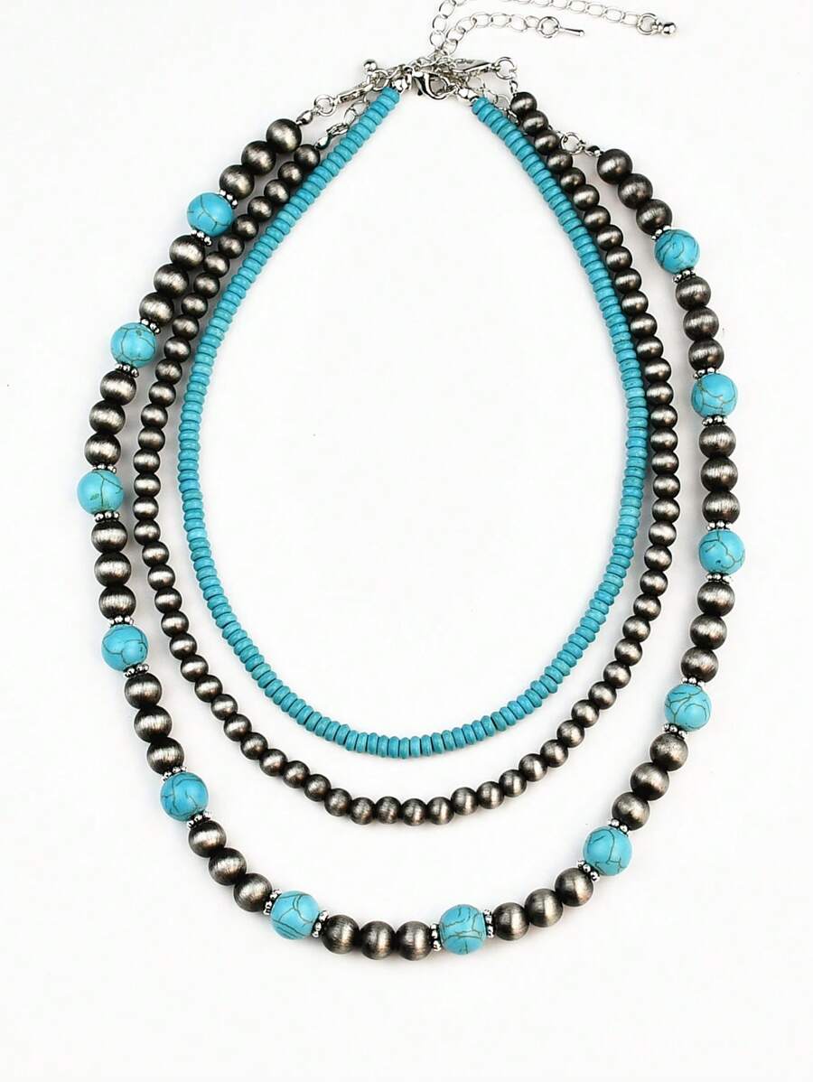 3pcs/Set Handmade Beaded Necklace, Vintage Western Country Style, Turquoise, Multi-Layer, Versatile Fashion Jewelry Gift