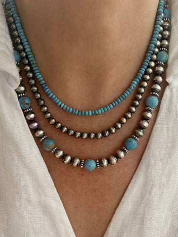 3pcs/Set Handmade Beaded Necklace, Vintage Western Country Style, Turquoise, Multi-Layer, Versatile Fashion Jewelry Gift