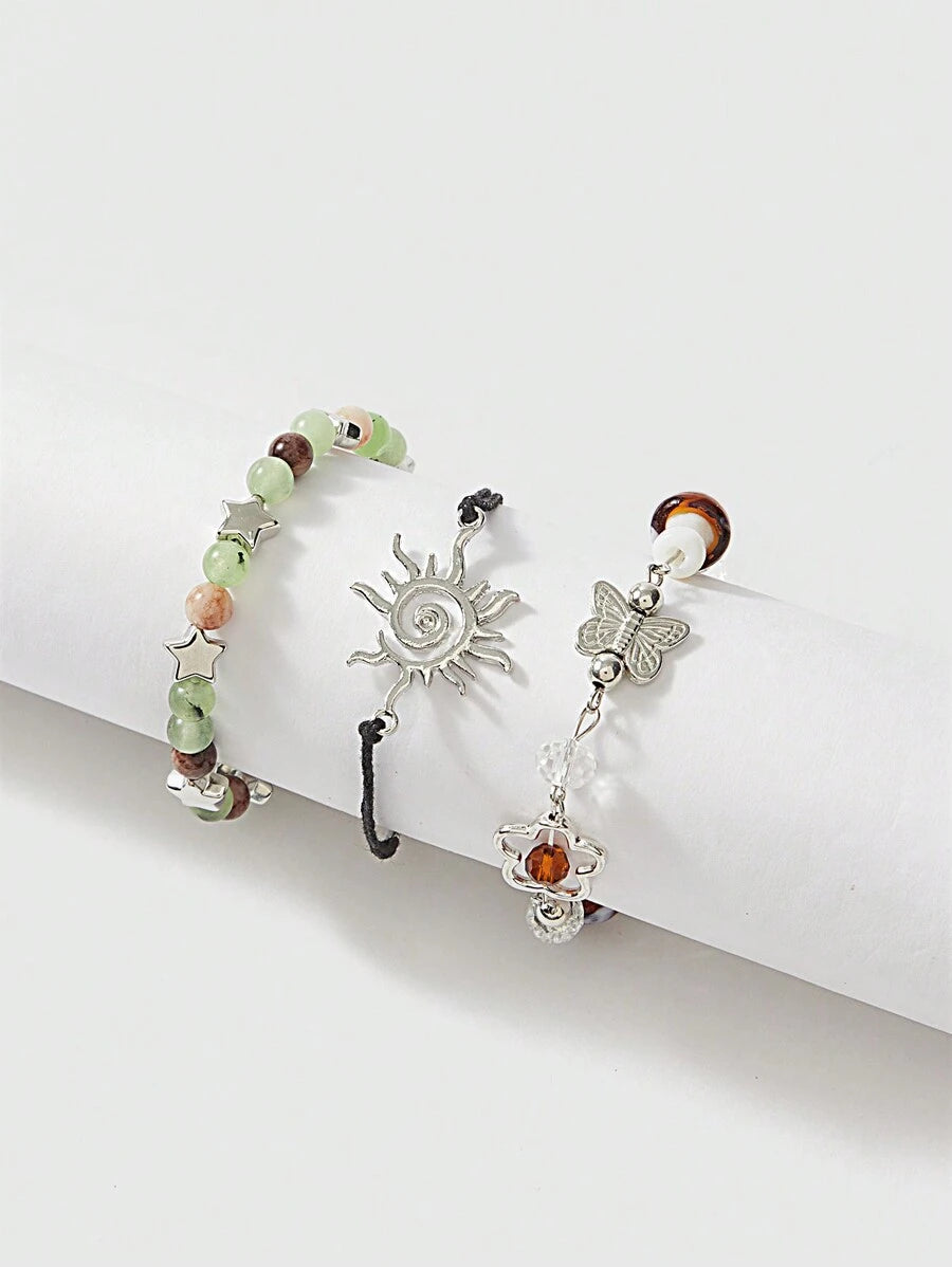 ROMWE 3pcs/Set Fashionable Minimalist Geometric Spiral/Star/Flower/Butterfly/Mushroom Beaded Bracelet Set, Valentine's Day/Mother's Day Gift