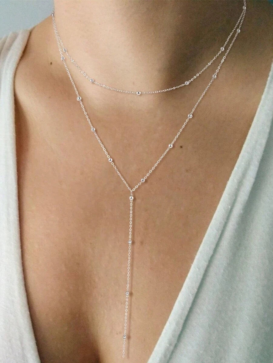 1pc Long Pendant Necklace, Y-Shape Chain With Round Beads, Suitable For Women And Girls Daily Wear (Bead Quantity Varies)