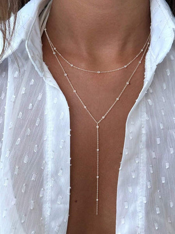 1pc Long Pendant Necklace, Y-Shape Chain With Round Beads, Suitable For Women And Girls Daily Wear (Bead Quantity Varies)