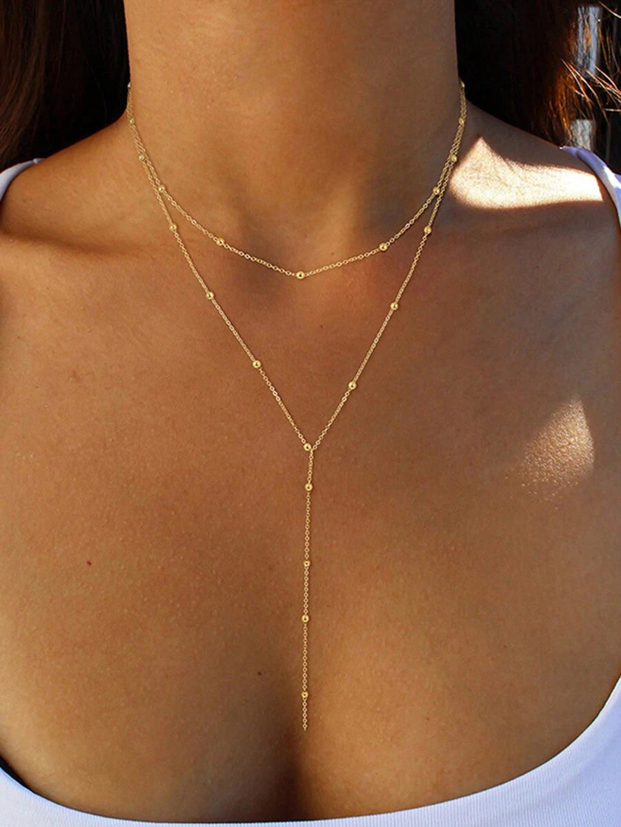 1pc Stainless Steel Double Layer Necklace, Long Pendant Necklace, Y-Shape Chain With Round Bead Pendant, Women's Daily Wear