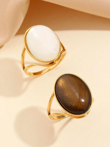 2pcs Stainless Steel Gold-Tone Rings With Embedded Light Blue And Pink Gemstones, Exaggerated Decorative Rings For Women