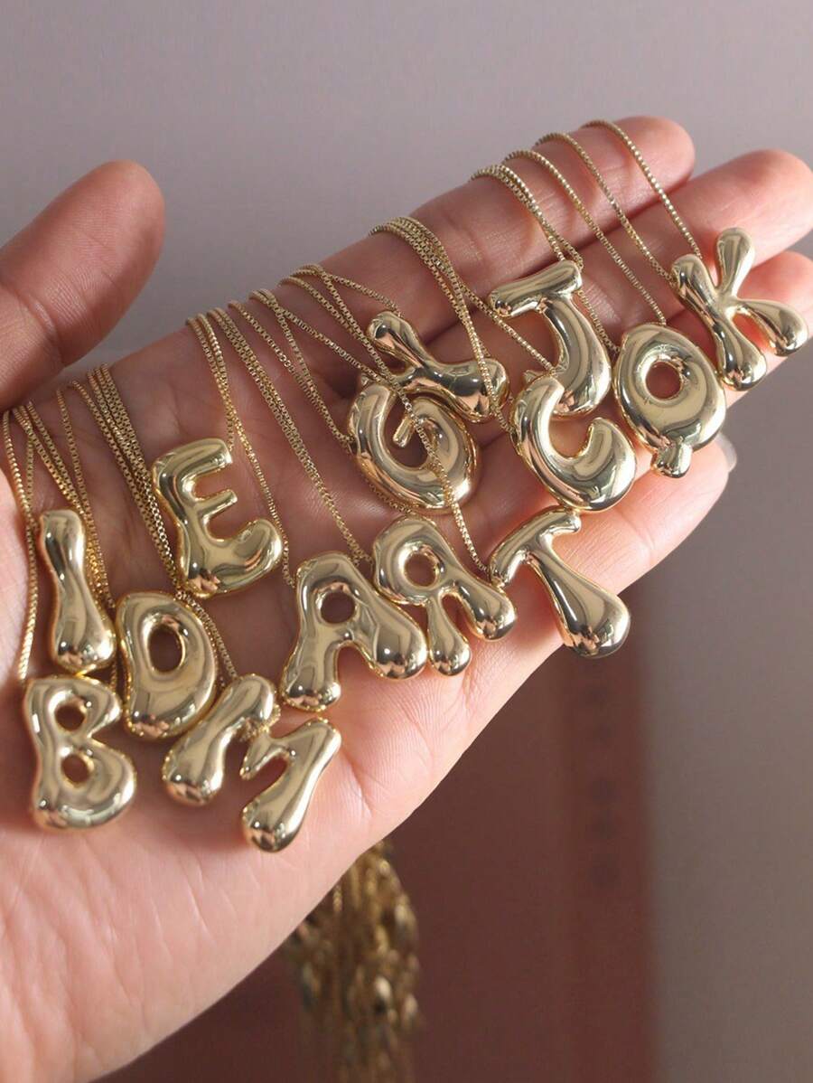1pc Gold Plated Copper Chunky Alphabet Balloon Bubble Initial Letter Pendant Necklace For Women Men Personalized Fashion Jewelry