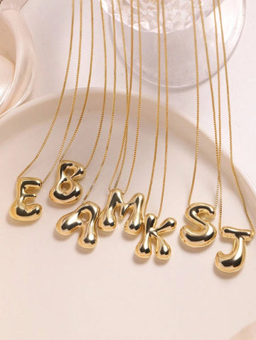1pc Gold Plated Copper Chunky Alphabet Balloon Bubble Initial Letter Pendant Necklace For Women Men Personalized Fashion Jewelry